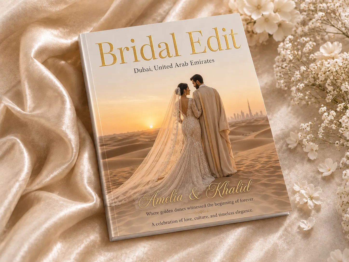 A white hardcover Bridal Edit book on champagne satin beside white blossom, its gold-foiled title above a bride and groom in the desert at sunset, “Amelia & Khalid” in gold script across the lower cover