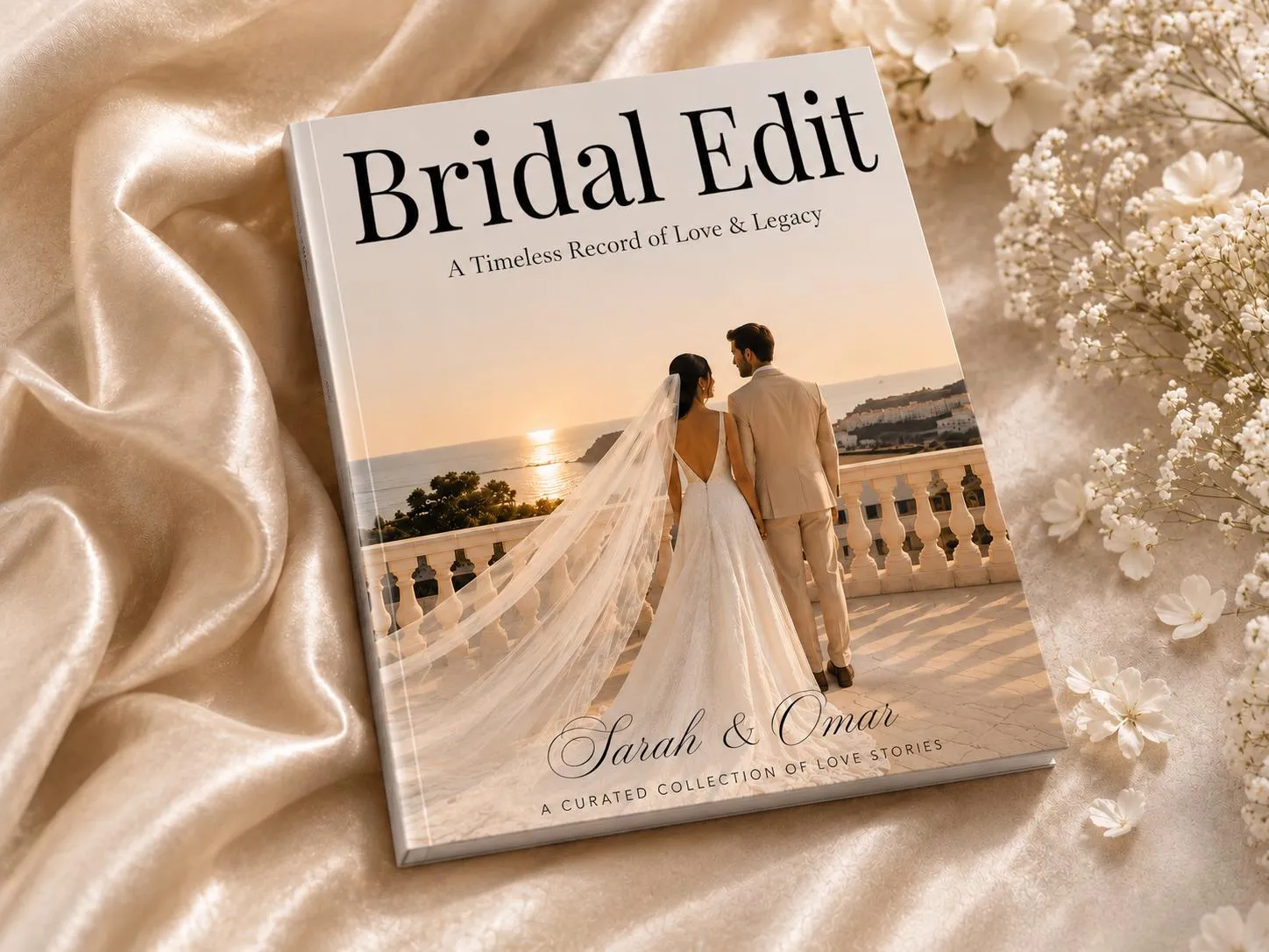 A white hardcover Bridal Edit book on champagne silk beside white blossom, subtitled “A Timeless Record of Love & Legacy”, its cover a bride and groom walking a balustraded terrace above the sea at sunset, “Sarah & Omar” in script beneath