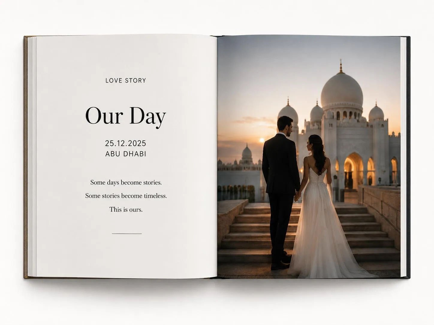 An open edition on white: the left page headed “Our Day” with a date and place beneath it and three lines of verse, the right a couple on the steps of the Sheikh Zayed Mosque at sunset