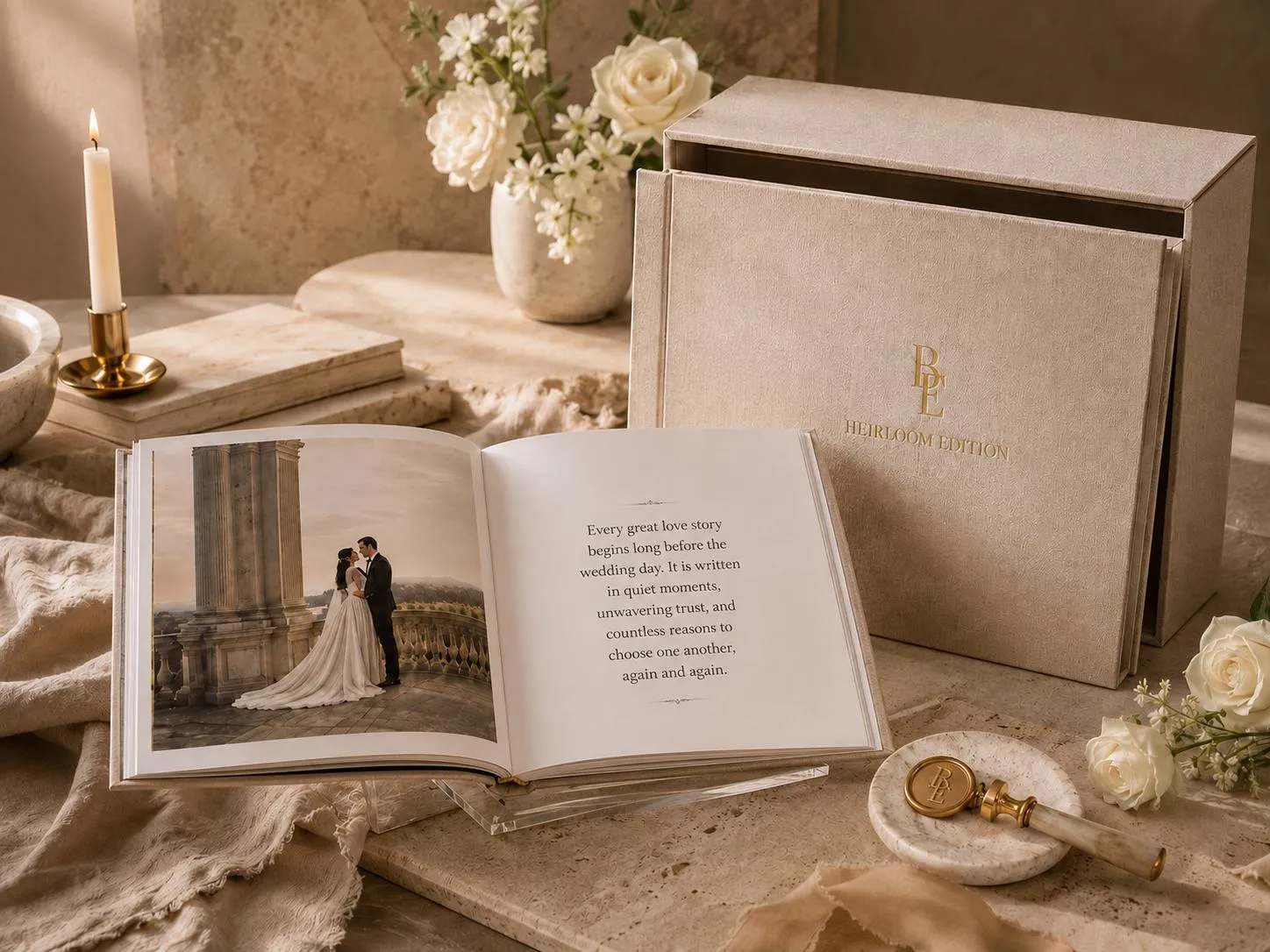 A linen presentation box stamped in gold with the Bridal Edit monogram and “Heirloom Edition”, an edition lying open on a stand beside it at a page reading “Every great love story begins long before the wedding day”, with a brass wax seal and white roses on the travertine