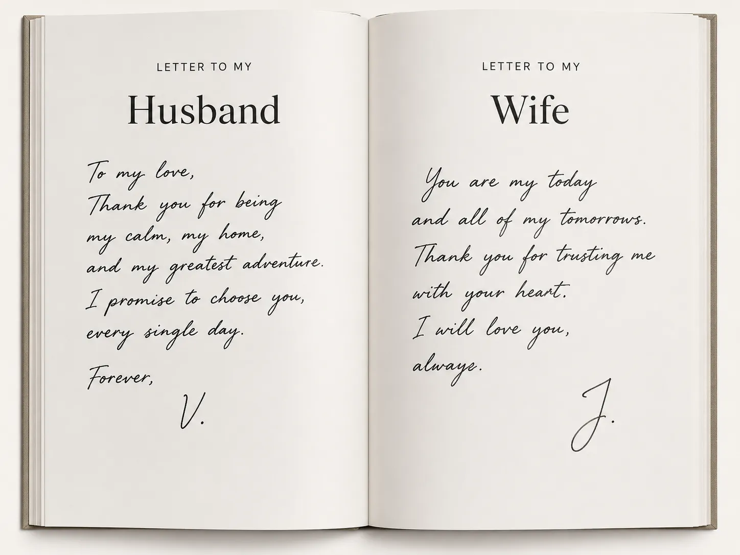 An open edition on white, two facing letters in script — “Letter to my Husband” on the left, “Letter to my Wife” on the right, each signed with an initial