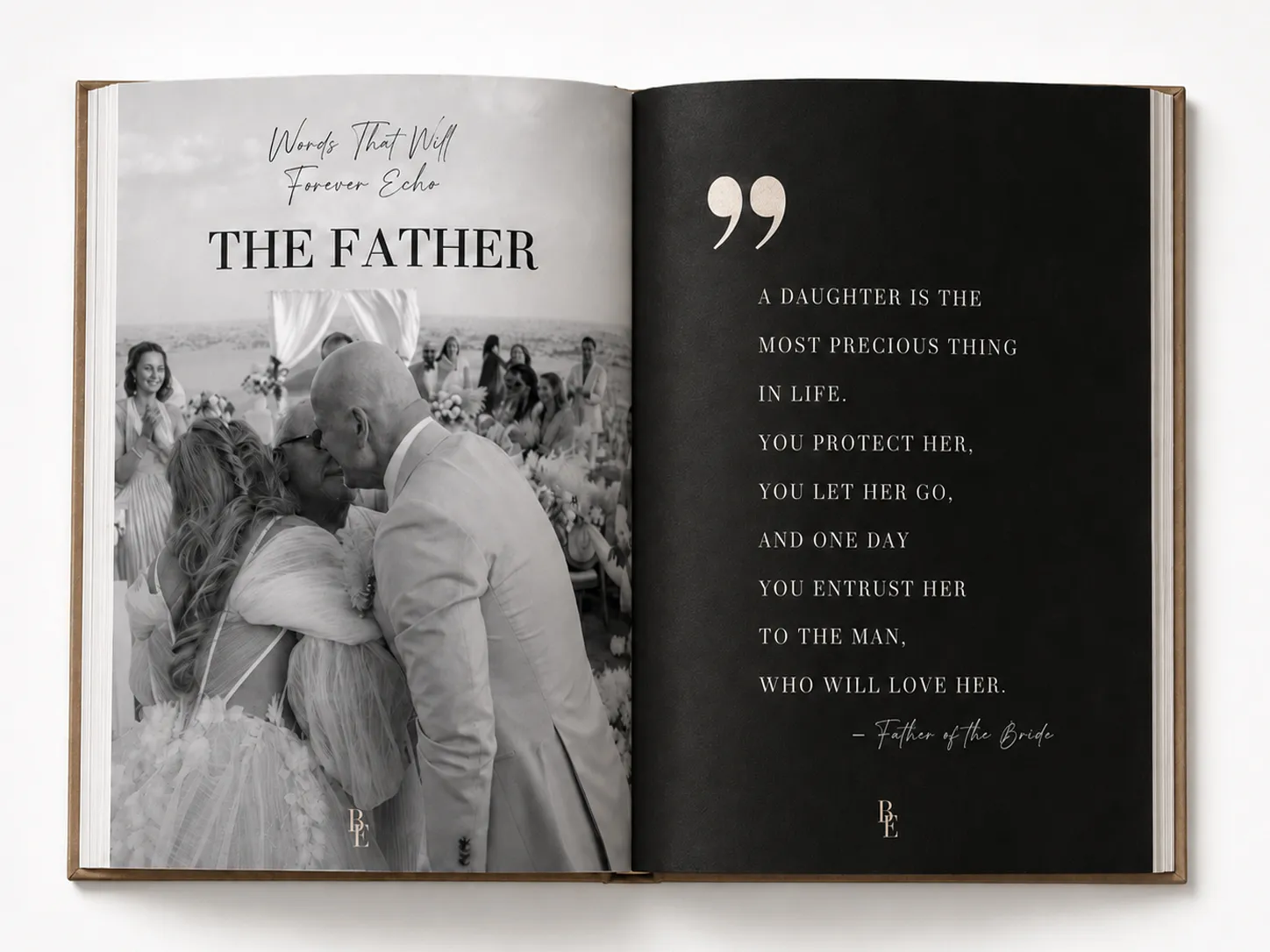 An open edition: the left page a black-and-white photograph headed “The Father”, the right a black page carrying his words set in gold-flecked capitals