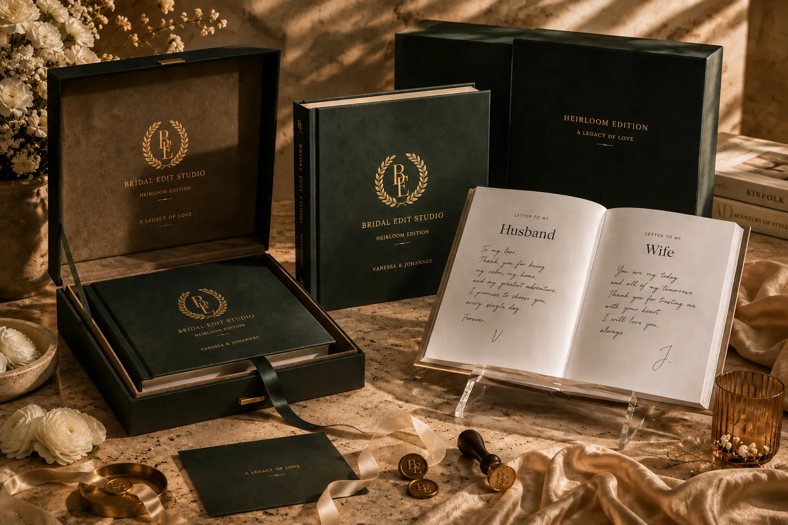 The Heirloom Edition set in sunlight — a lined presentation box open beside a green cloth-bound volume stamped in gold, a second boxed copy behind, and an open book on a stand showing two handwritten letters headed “Letter to my Husband” and “Letter to my Wife”, with wax seals and ribbon on the stone