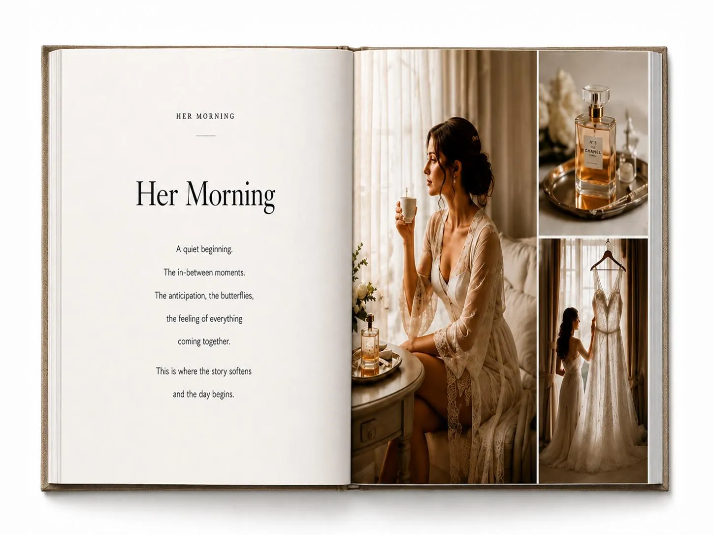 An open edition on white: the left page is the written chapter “Her Morning”, the right the bride in a robe by a window, a scent tray and her dress on a hanger