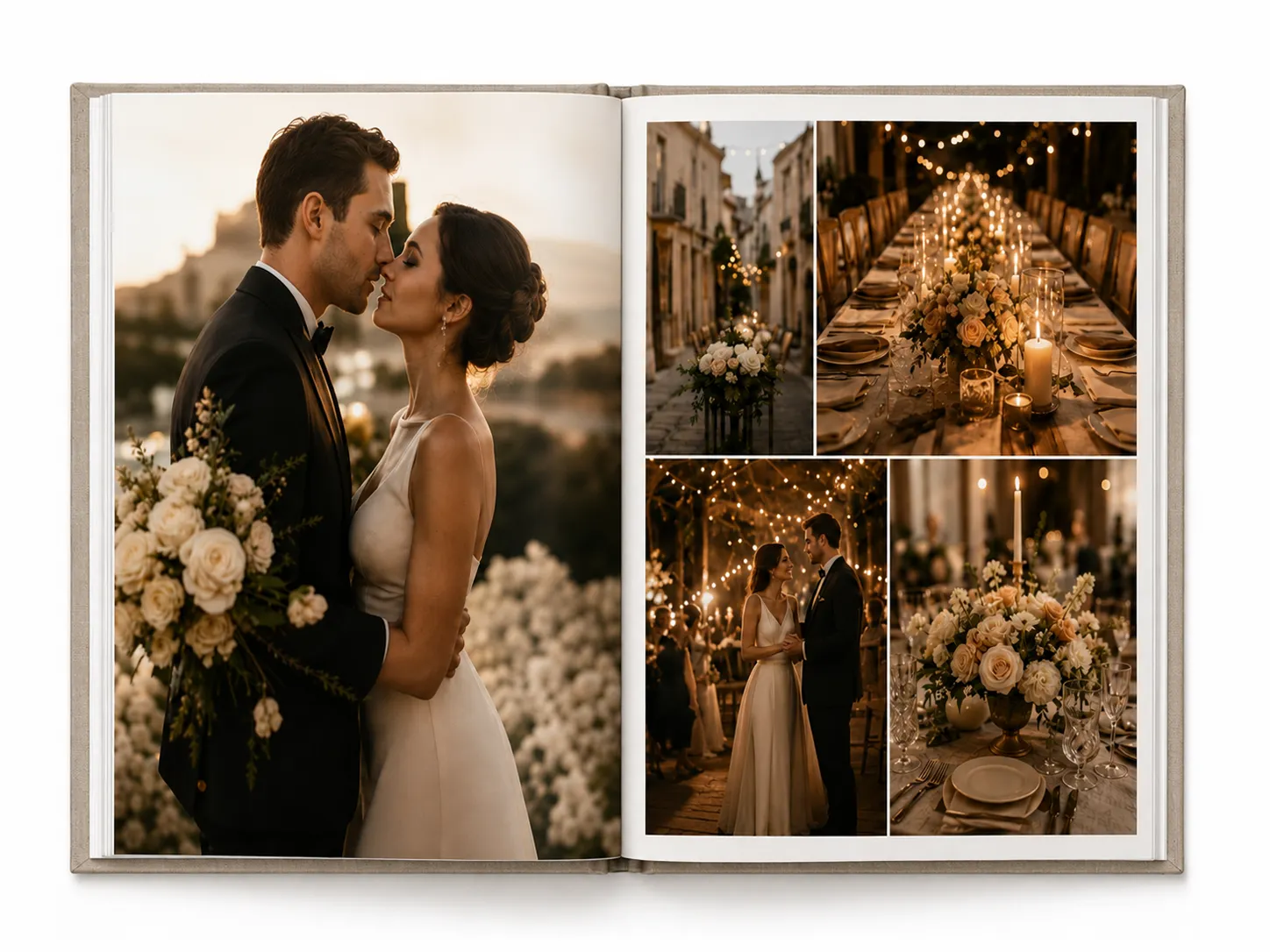 An open Bridal Edit book on white: the left page one full-bleed photograph of a couple holding each other, the right four smaller frames — flowers on a cobbled street, a long candlelit dinner table, the two of them dancing under strung lights, and a centrepiece of roses
