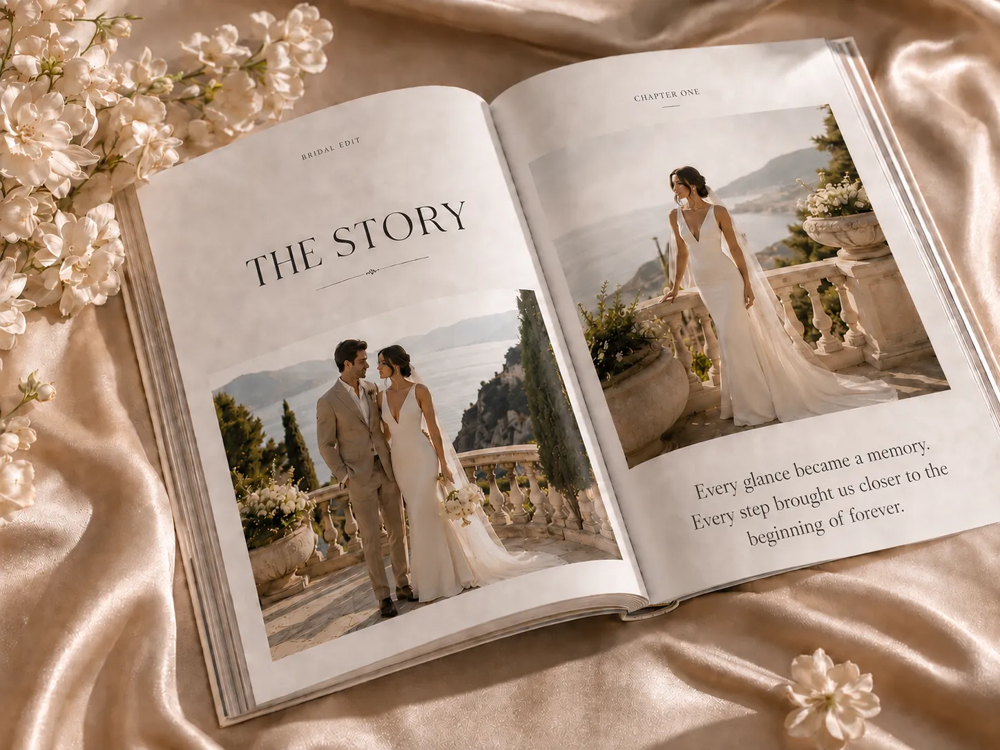 An open Bridal Edit magazine on champagne satin beside white blossom: the left page headed “The Story” above a couple on a terrace, the right a bride against a balustrade over the sea