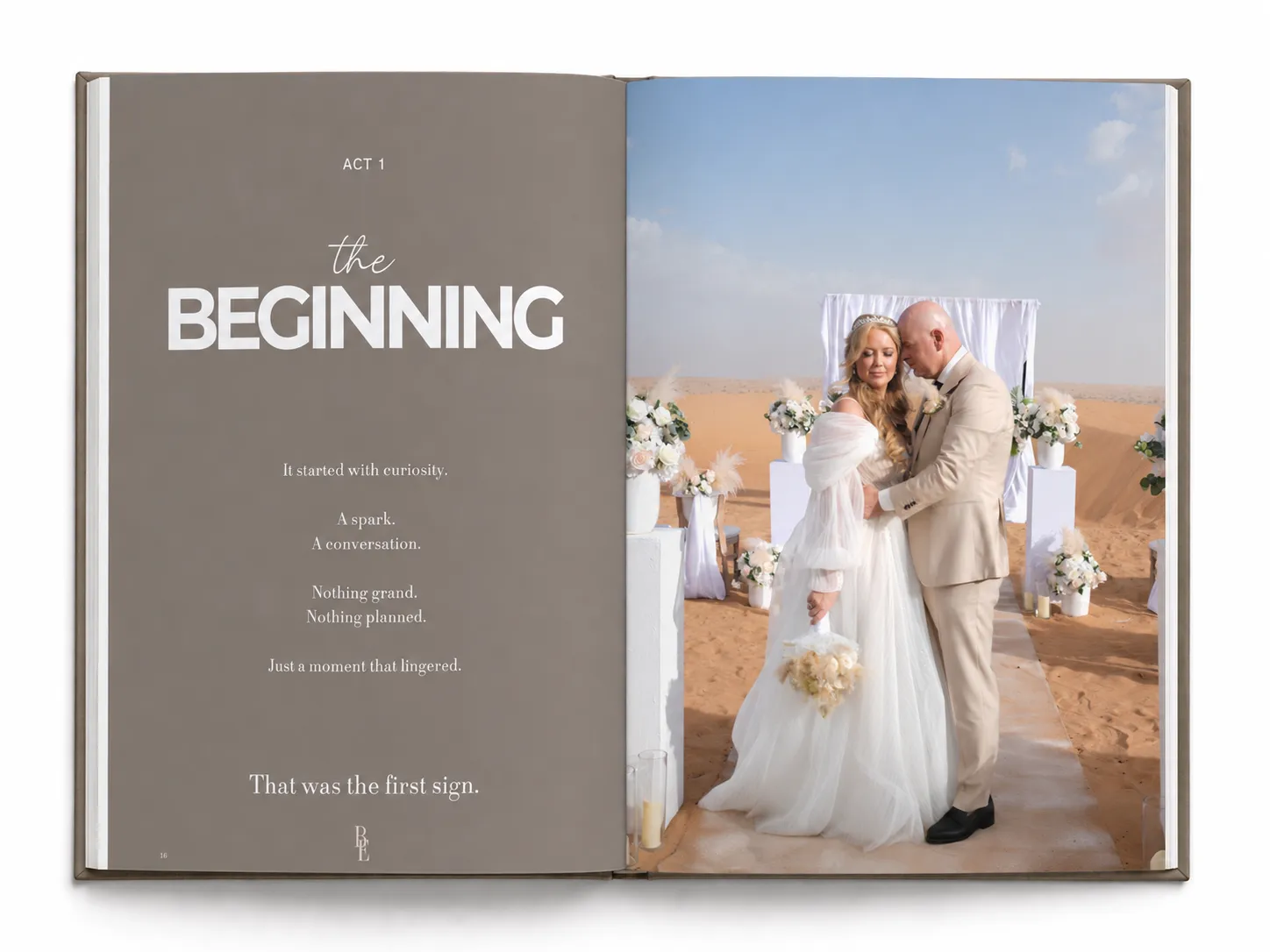 An open edition, the left page headed “Act 1 — the Beginning” in white on taupe over the words “It started with curiosity”, the right a couple embracing under a draped arch in the desert