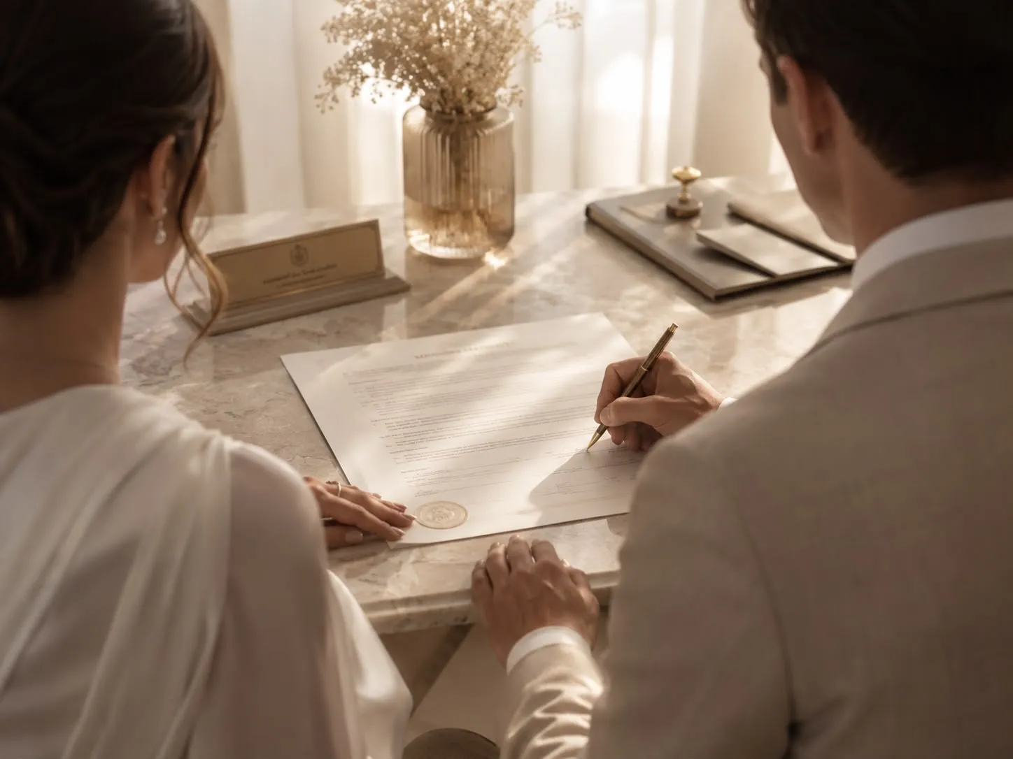 A couple at a sunlit marble desk signing their marriage document, a gold pen in hand and a wax-sealed certificate before them