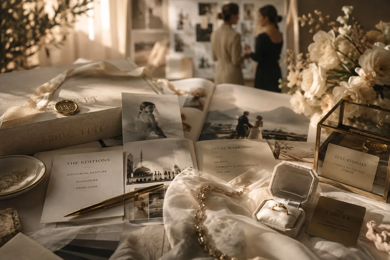 An atelier table laid with the studio's work — a linen box under a gold BE wax seal, a card listing the three Editions, a legal marriage card naming the civil, Islamic, embassy and online routes, a gold keepsake card and a Circle card, with a wall of curated wedding prints behind