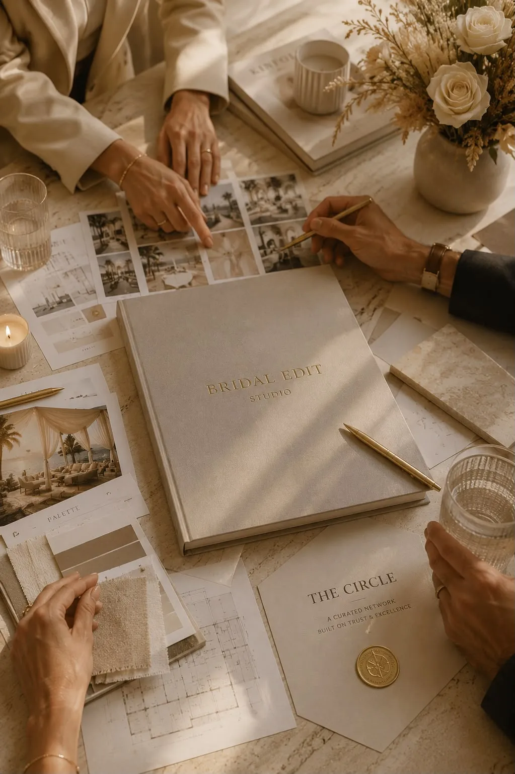 A curation table: the Bridal Edit Studio book, fabric swatches, venue prints and a wax-sealed Circle card