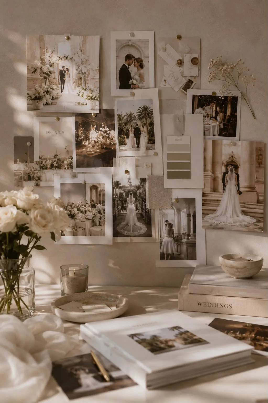 A wall of pinned wedding photographs, fabric swatches and stationery samples above a table with white roses, candles and a stack of books