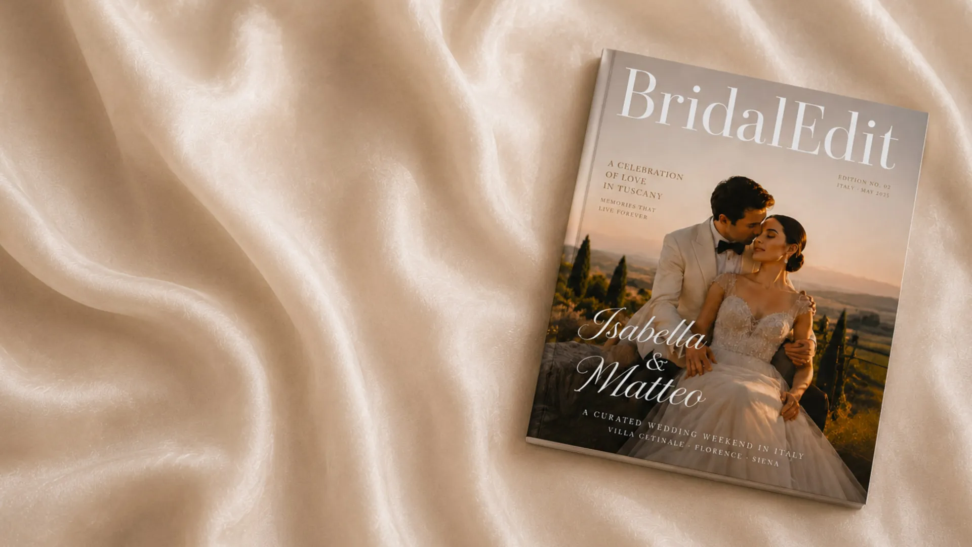 A Bridal Edit magazine resting on folds of cream silk, its cover a couple at golden hour in Tuscany