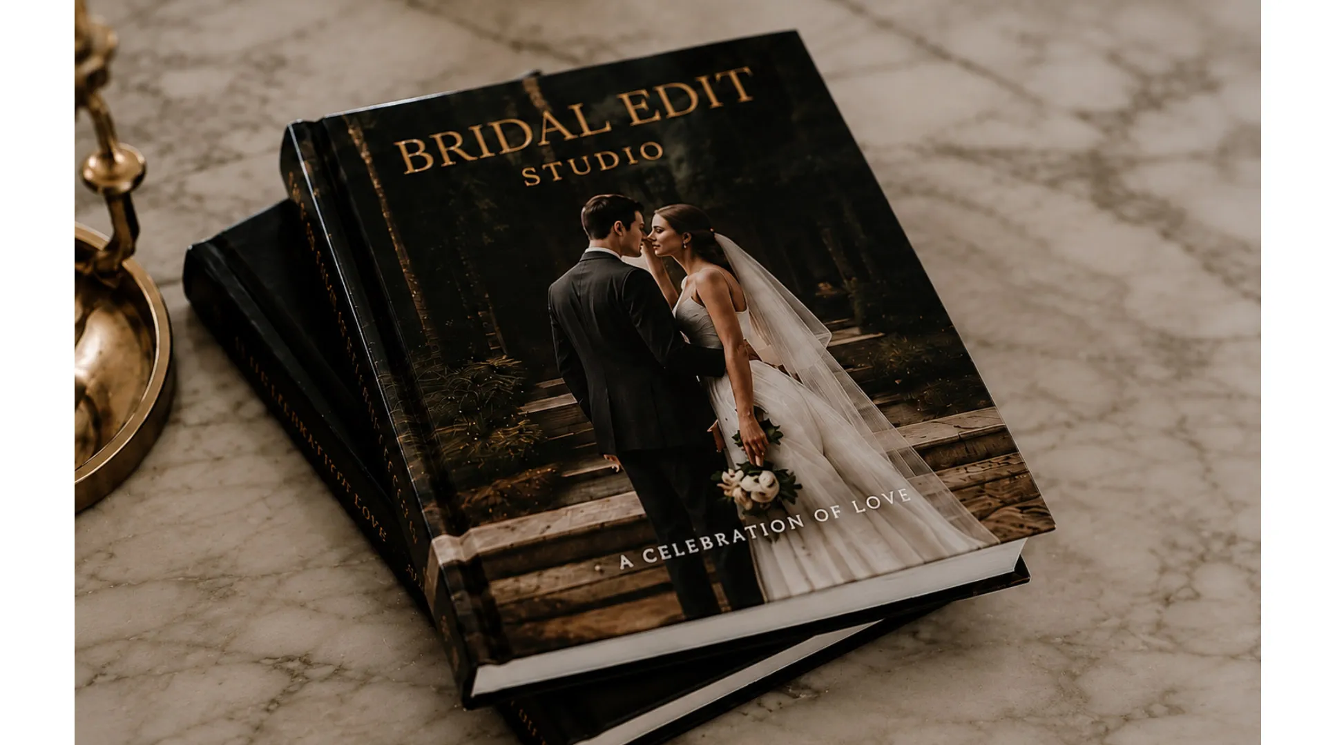 Two gold-foiled Bridal Edit hardcovers stacked on veined marble beside a brass candlestick