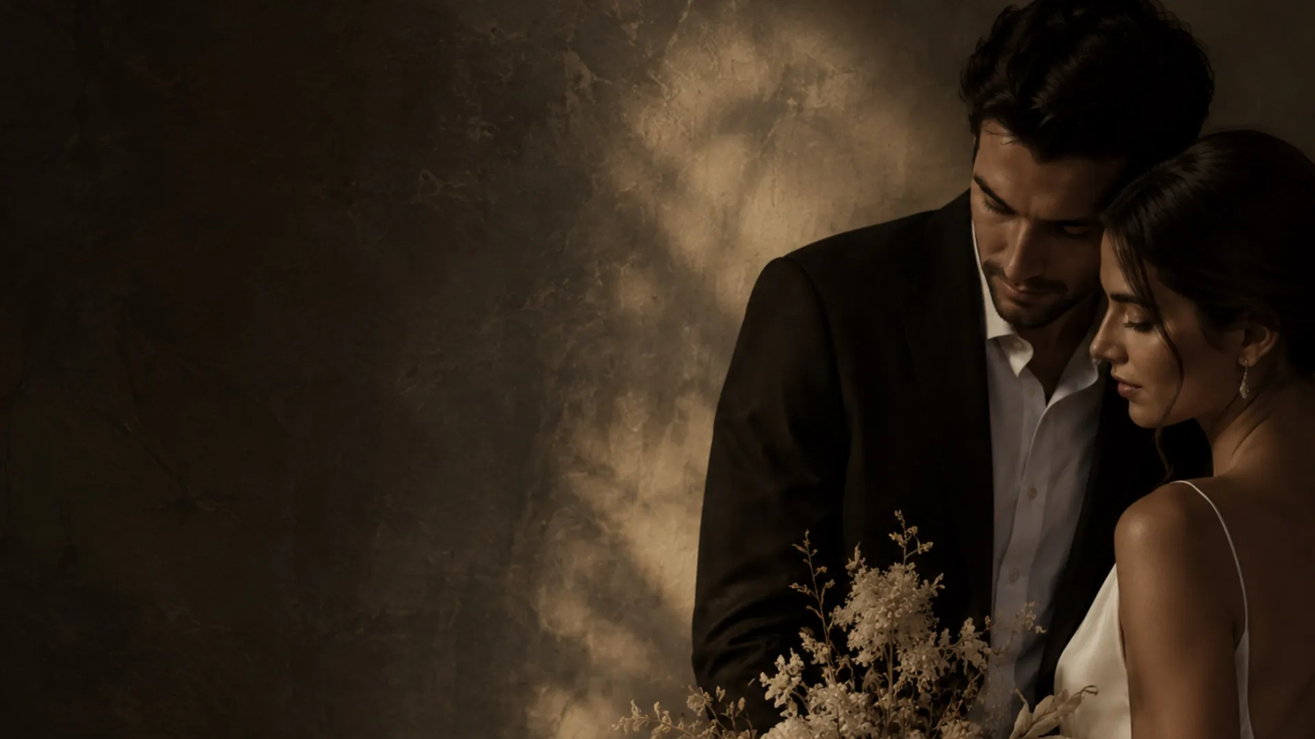 A bride and groom in low golden light against a dark plaster wall, her head resting against him, dried blooms between them