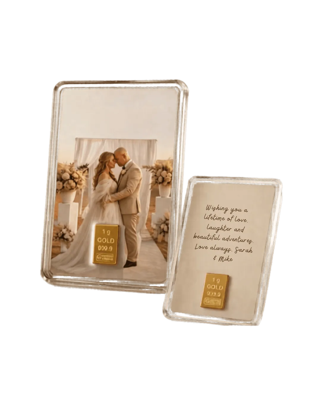 Two acrylic Bridal Edit Studio keepsakes — one showing the couple's photograph, the other a handwritten message on the back, each set with a 999.9 gold bar