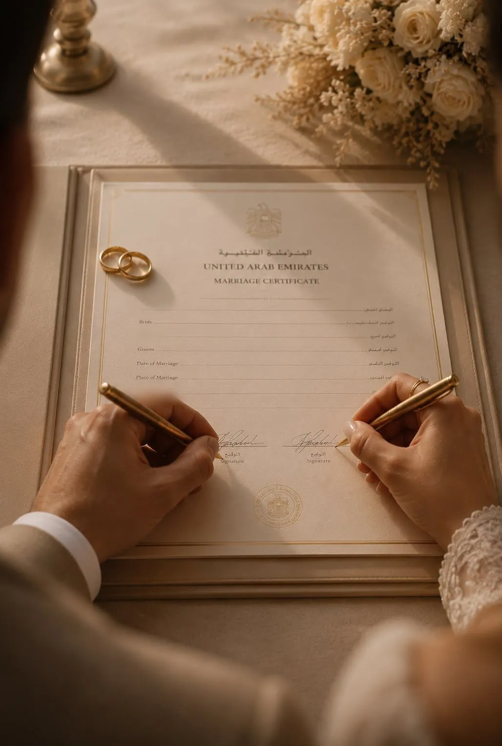 A bride and groom signing a United Arab Emirates marriage certificate with gold pens, two gold wedding bands and white roses on the table beside them